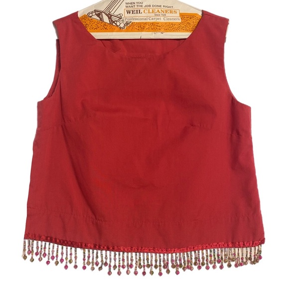 Beaded Fringe Set Festive Red Cut-off Shirt Sleeveless Blue Mini Skirt Denim  Sm - Picture 11 of 15